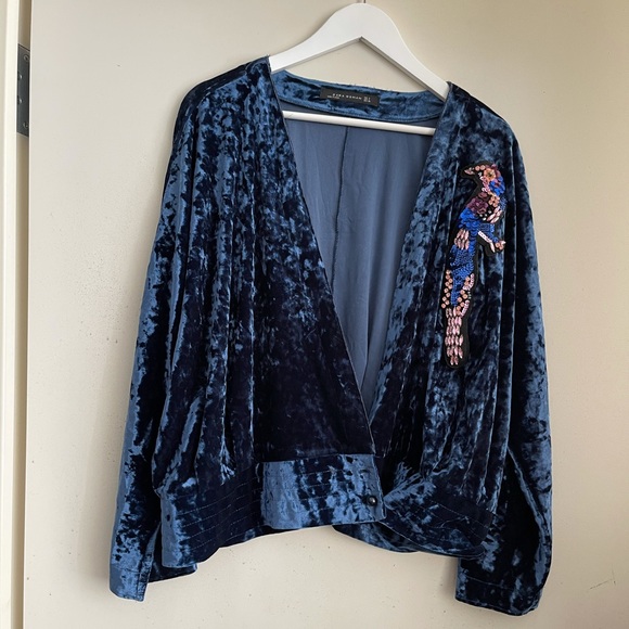Zara Blue Velvet Sequin Bird Kimono Wrap Top - Picture 3 of 7